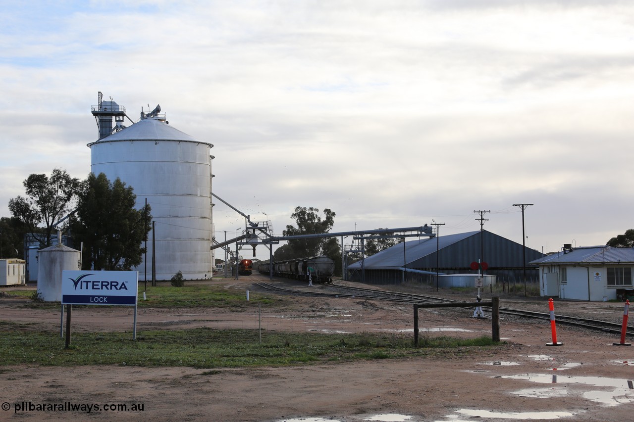 130705 0603
Lock, located at the 148.5 km and originally named Terre when opened in May 1913, later renamed to Lock in December 1921. From the left is the concrete toilet block, Ascom silo complex (Block 5), the train is loading on the grain loop, loaded rake on the mainline, horizontal bunker (Block 4) and the crew barracks. 5th July 2013.
