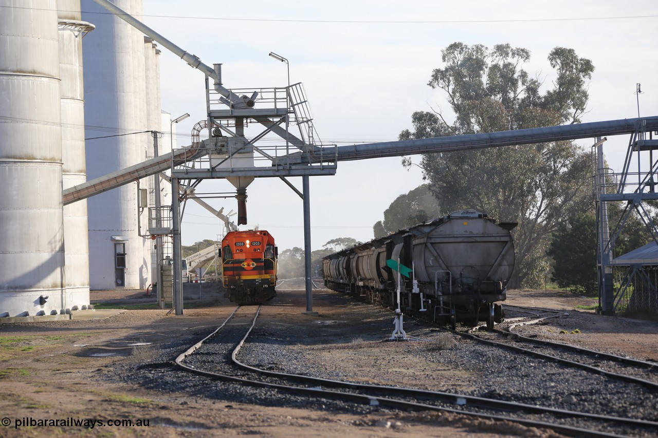 130705 0608
Lock, up end looking down through Lock, Viterra fast loader loading train while loaded portion sits on the mainline.
