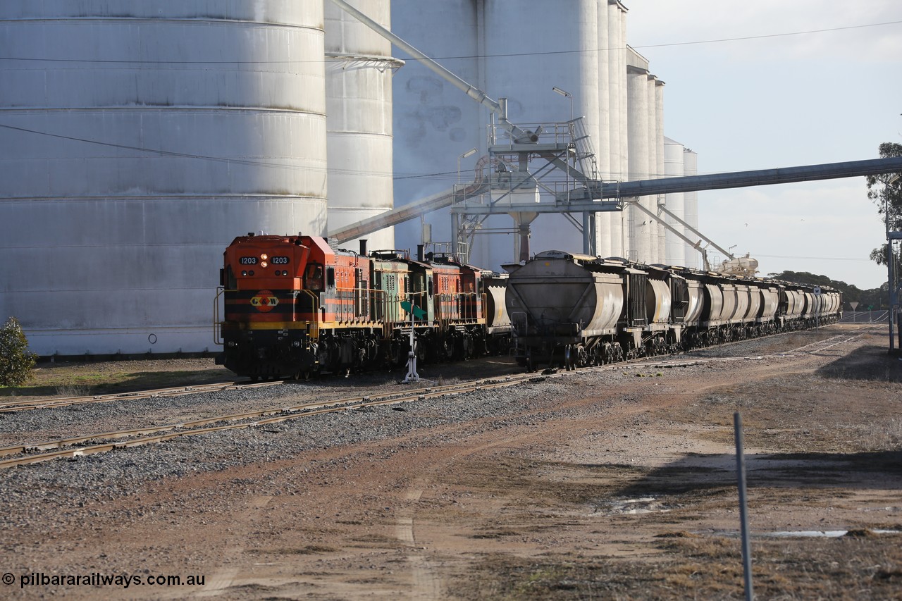 130705 0614
Lock, with loading finished, 1203 leads the final portion along goods siding #1 as it prepares to shunt back onto the loaded portion on the mainline for departure to Port Lincoln.
Keywords: 1200-class;1203;Clyde-Engineering-Granville-NSW;EMD;G12C;65-427;A-class;A1513;