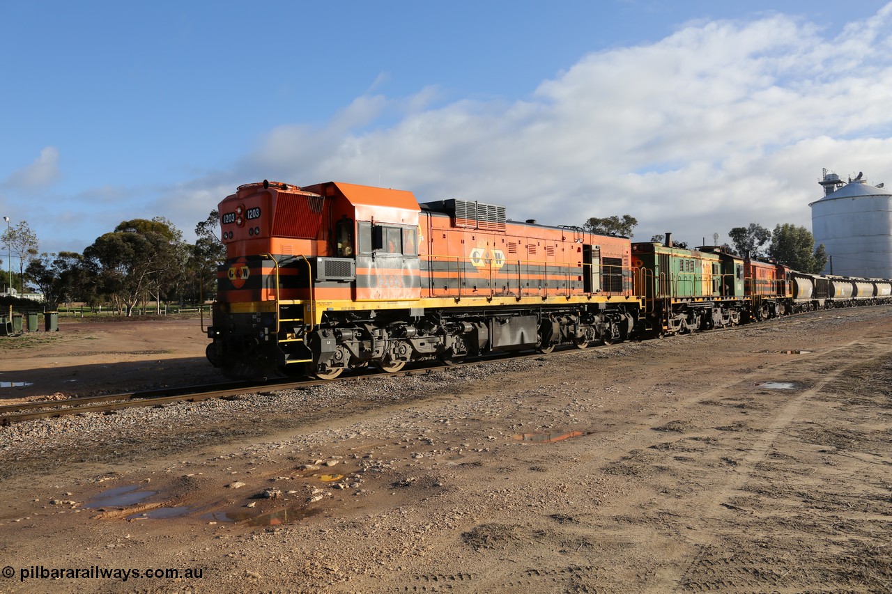 130705 0623
Lock, with loading finished, 1203 leads 846, 859 and the final portion along goods siding #1 as it prepares to shunt back onto the loaded portion on the mainline for departure to Port Lincoln.
Keywords: 1200-class;1203;Clyde-Engineering-Granville-NSW;EMD;G12C;65-427;A-class;A1513;