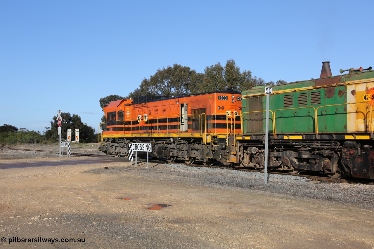 130705 0624
Lock, with loading finished, 1203 leads 846, 859 and the final portion along goods siding #1 as it prepares to shunt back onto the loaded portion on the mainline for departure to Port Lincoln.
Keywords: 1200-class;1203;Clyde-Engineering-Granville-NSW;EMD;G12C;65-427;A-class;A1513;