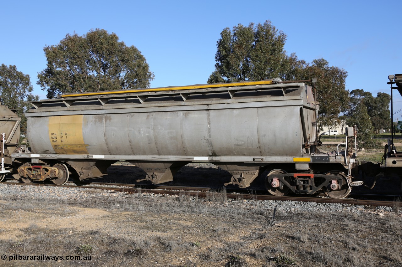 130705 0636
Lock, HCN type bogie grain hopper waggon HCN 4, originally an NHB type hopper built by Tulloch Ltd for the Commonwealth Railways North Australia Railway. One of forty rebuilt by Islington Workshops 1978-79 to the HCN type with a 36 ton rating, increased to 40 tonnes in 1984. Seen here loaded with grain with a Moose Metalworks roll-top cover.
Keywords: HCN-type;HCN4;SAR-Islington-WS;rebuild;Tulloch-Ltd-NSW;NHB-type;NHB1017;