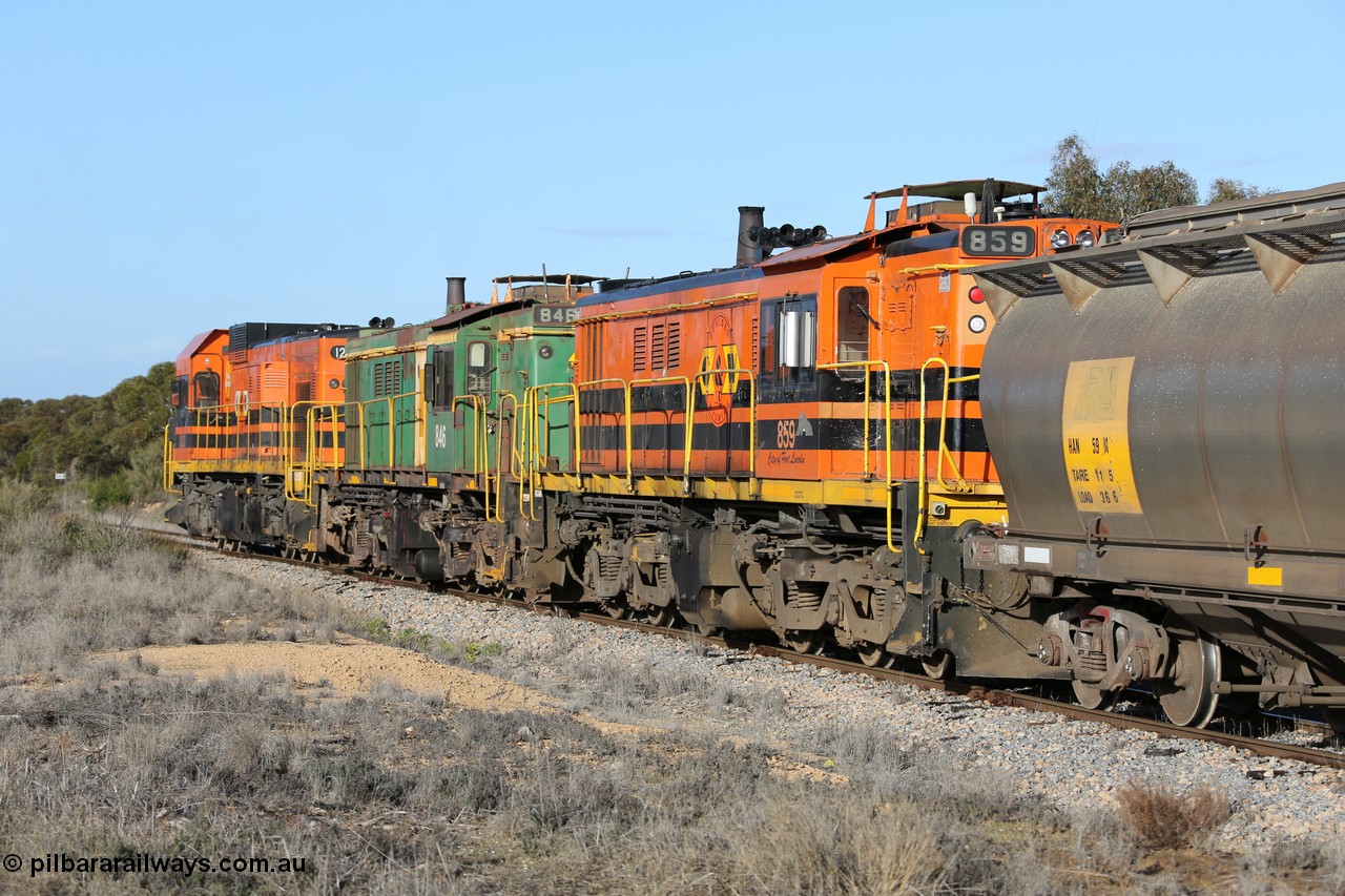 130705 0647
Lock, 859, 846 and 1203 shunt back into the yard, HAN type bogie grain hopper waggon HAN 59, one of sixty eight units built by South Australian Railways Islington Workshops between 1969 and 1973 as the HAN type for the Eyre Peninsula system.
Keywords: 830-class;859;AE-Goodwin;ALCo;DL531;84705;