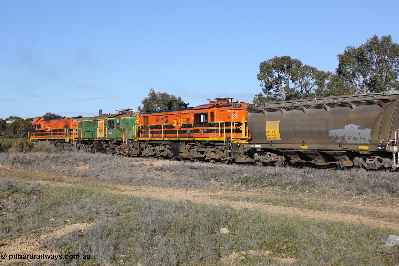 130705 0650
Lock, 1203, 846 and 859 shunt back into the yard with the second loaded portion, HAN type bogie grain hopper waggon HAN 59, one of sixty eight units built by South Australian Railways Islington Workshops between 1969 and 1973 as the HAN type for the Eyre Peninsula system.
Keywords: HAN-type;HAN59;1969-73/68-59;SAR-Islington-WS;