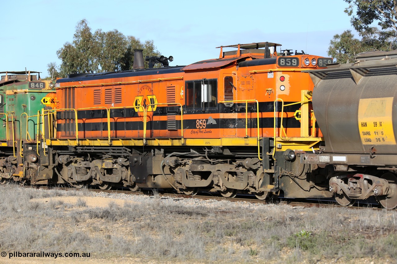 130705 0651
Lock, Genesee & Wyoming locomotive AE Goodwin ALCo model DL531 unit 859 'City of Port Lincoln' serial 84705, built in 1963, 859 started life at Peterborough, spent some years in Tasmania and even spent time in Perth on standard gauge in 2002 before being repainted and transferred to the Eyre Peninsula system in 2003. 5th of July 2013.
Keywords: 830-class;859;AE-Goodwin;ALCo;DL531;84705;