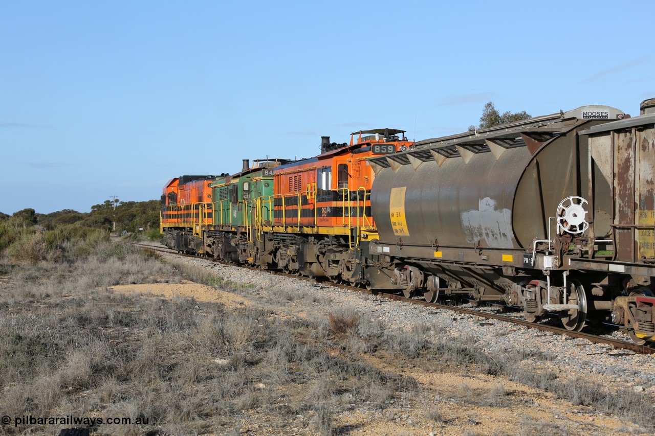 130705 0652
Lock, 1203, 846 and 859 shunt back into the yard with the second loaded portion, HAN type bogie grain hopper waggon HAN 59, one of sixty eight units built by South Australian Railways Islington Workshops between 1969 and 1973 as the HAN type for the Eyre Peninsula system.
