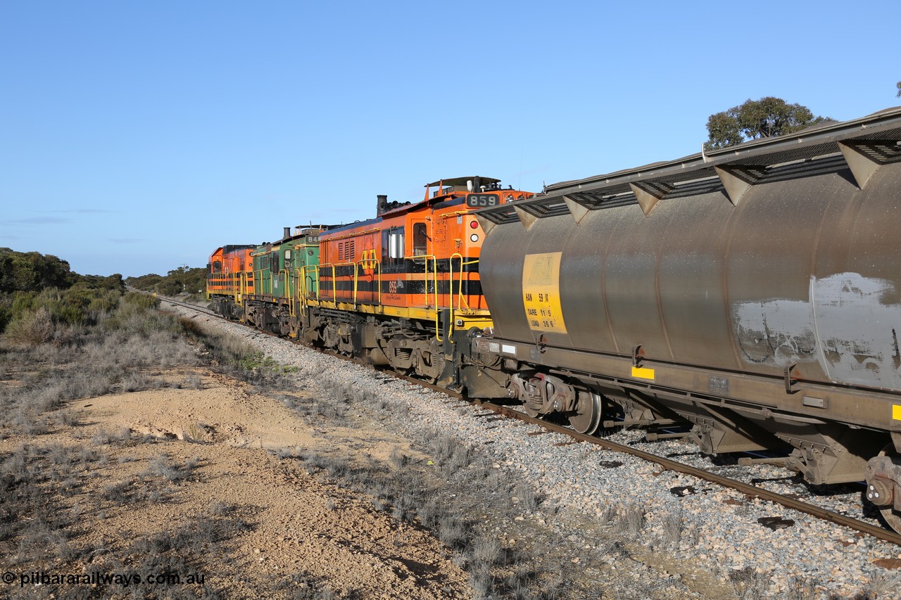 130705 0654
Lock, 1203, 846 and 859 shunt back into the yard with the second loaded portion, HAN type bogie grain hopper waggon HAN 59, one of sixty eight units built by South Australian Railways Islington Workshops between 1969 and 1973 as the HAN type for the Eyre Peninsula system.
