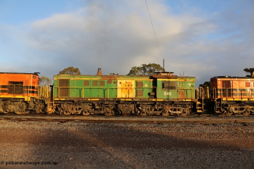 130705 0520
Lock, former Australian National narrow gauge 830 class locomotive 846, an AE Goodwin built ALCo DL531 model with serial 84715 built new for the SAR in 1963 and delivered to Adelaide Division on broad gauge, transferred to Tasmania on narrow gauge in 1982, then back to SA on standard gauge in 1989 and then Whyalla in 2008 on narrow gauge. In 2012 is was delivered to Port Lincoln, the last loco delivered to the Eyre Peninsula and wearing Genesee & Wyoming decals on former AN livery. July 5, 2013.
Keywords: 830-class;846;AE-Goodwin;ALCo;DL531;84715;