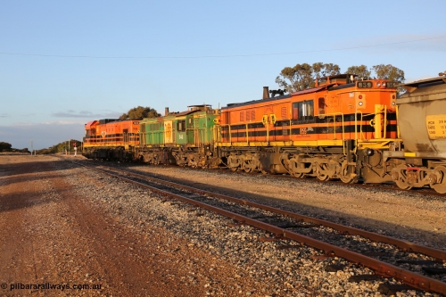 130705 0522
Lock, 1203, 846 and 859 shunt their loading grain train out of the siding onto the mainline. Genesee & Wyoming locomotive AE Goodwin ALCo model DL531 unit 859 'City of Port Lincoln' serial 84705, built in 1963, 859 started life at Peterborough, spent some years in Tasmania and even spent time in Perth on standard gauge in 2002 before being repainted and transferred to the Eyre Peninsula system in 2003. July 5, 2013.
Keywords: 830-class;859;AE-Goodwin;ALCo;DL531;84705;