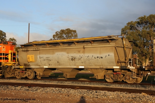 130705 0524
Lock, HCN type bogie grain hopper waggon HCN 39, originally an NHB type hopper NHB 1573 built by Tulloch Ltd for the Commonwealth Railways North Australia Railway. One of forty rebuilt by Islington Workshops 1978-79 to the HCN type with a 36 ton rating, increased to 40 tonnes in 1984. Fitted with a Moose Metalworks roll-top cover. July 5, 2013.
Keywords: HCN-type;HCN39;SAR-Islington-WS;rebuild;Tulloch-Ltd-NSW;NHB-type;NHB1573;