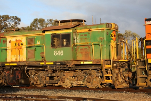 130705 0533
Lock, cab view of former Australian National narrow gauge 830 class locomotive 846, an AE Goodwin built ALCo DL531 model with serial 84715 built new for the SAR in 1963 and delivered to Adelaide Division on broad gauge, transferred to Tasmania on narrow gauge in 1982, then back to SA on standard gauge in 1989 and then Whyalla in 2008 on narrow gauge. In 2012 is was delivered to Port Lincoln, the last loco delivered to the Eyre Peninsula and wearing Genesee & Wyoming decals on former AN livery. July 5, 2013.
Keywords: 830-class;859;AE-Goodwin;ALCo;DL531;84705;