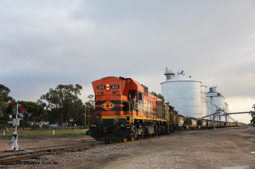 130705 0544
Lock, grain train loading in progress with the Viterra fast flow auger in the distance, the train with 1203, 846 and 859 is about to split and shunt half the consist onto the mainline. July 5, 2013.
Keywords: 1200-class;1203;Clyde-Engineering-Granville-NSW;EMD;G12C;65-427;A-class;A1513;