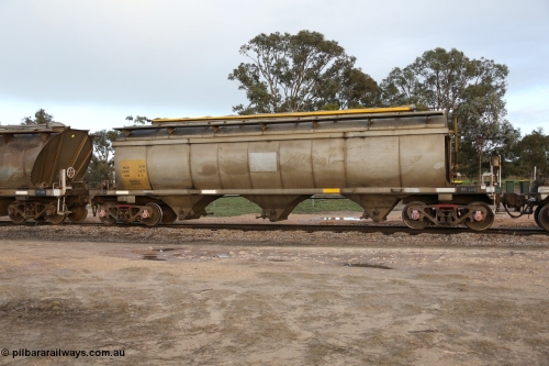 130705 0558
Lock, HCN type bogie grain hopper waggon HCN 9, originally an NHB type hopper NHB 1024 built by Tulloch Ltd for the Commonwealth Railways North Australia Railway. One of forty rebuilt by Islington Workshops 1978-79 to the HCN type with a 36 ton rating, increased to 40 tonnes in 1984. Fitted with a Moose Metalworks roll-top cover. July 5, 2013.
Keywords: HCN-type;HCN9;SAR-Islington-WS;rebuild;Tulloch-Ltd-NSW;NHB-type;NHB1024;