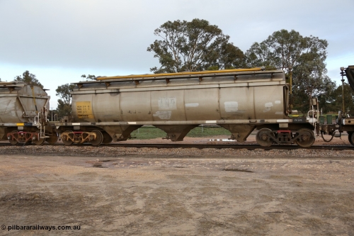 130705 0560
Lock, HCN type bogie grain hopper waggon HCN 31, originally an NHB type hopper NHB 1579 built by Tulloch Ltd for the Commonwealth Railways North Australia Railway. One of forty rebuilt by Islington Workshops 1978-79 to the HCN type with a 36 ton rating, increased to 40 tonnes in 1984. Fitted with a Moose Metalworks roll-top cover. July 5, 2013.
Keywords: HCN-type;HCN31;SAR-Islington-WS;rebuild;Tulloch-Ltd-NSW;NHB-type;NHB1579;