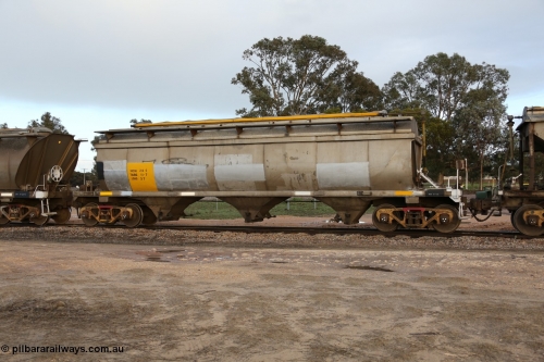 130705 0562
Lock, HCN type bogie grain hopper waggon HCN 24, originally an NHB type hopper NHB 1575 built by Tulloch Ltd for the Commonwealth Railways North Australia Railway. One of forty rebuilt by Islington Workshops 1978-79 to the HCN type with a 36 ton rating, increased to 40 tonnes in 1984. Fitted with a Moose Metalworks roll-top cover. July 5, 2013.
Keywords: HCN-type;HCN24;SAR-Islington-WS;rebuild;Tulloch-Ltd-NSW;NHB-type;NHB1575;