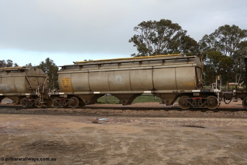 130705 0574
Lock, HCN type bogie grain hopper waggon HCN 34, originally an NHB type hopper NHB 1009 built by Tulloch Ltd for the Commonwealth Railways North Australia Railway. One of forty rebuilt by Islington Workshops 1978-79 to the HCN type with a 36 ton rating, increased to 40 tonnes in 1984. Fitted with a Moose Metalworks roll-top cover. July 5, 2013.
Keywords: HCN-type;HCN34;SAR-Islington-WS;rebuild;Tulloch-Ltd-NSW;NHB-type;NHB1009;