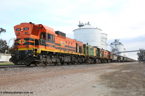130705 0582
Lock, located at the 148.5 km and originally named Terre when opened in May 1913, later renamed to Lock in December 1921. From the left background is the Ascom silo complex (Block 5), then blocks 2, 1 and 3, the train is on the mainline with the horizontal bunker (Block 4) on the right. July 5, 2013.
Keywords: 1200-class;1203;Clyde-Engineering-Granville-NSW;EMD;G12C;65-427;A-class;A1513;