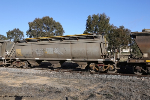 130705 0641
Lock, HCN type bogie grain hopper waggon HCN 22, originally an NHB type hopper built by Tulloch Ltd for the Commonwealth Railways North Australia Railway. One of forty rebuilt by Islington Workshops 1978-79 to the HCN type with a 36 ton rating, increased to 40 tonnes in 1984. Seen here loaded with grain with a Moose Metalworks roll-top cover.
Keywords: HCN-type;HCN22;SAR-Islington-WS;rebuild;Tulloch-Ltd-NSW;NHB-type;NHB1576;