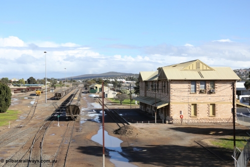 130706 0674
Port Lincoln, looking in the down direction from the London Street overbridge at the yard environs with the station at right which was Eyre Peninsula 'head offices'. July 6, 2013.
