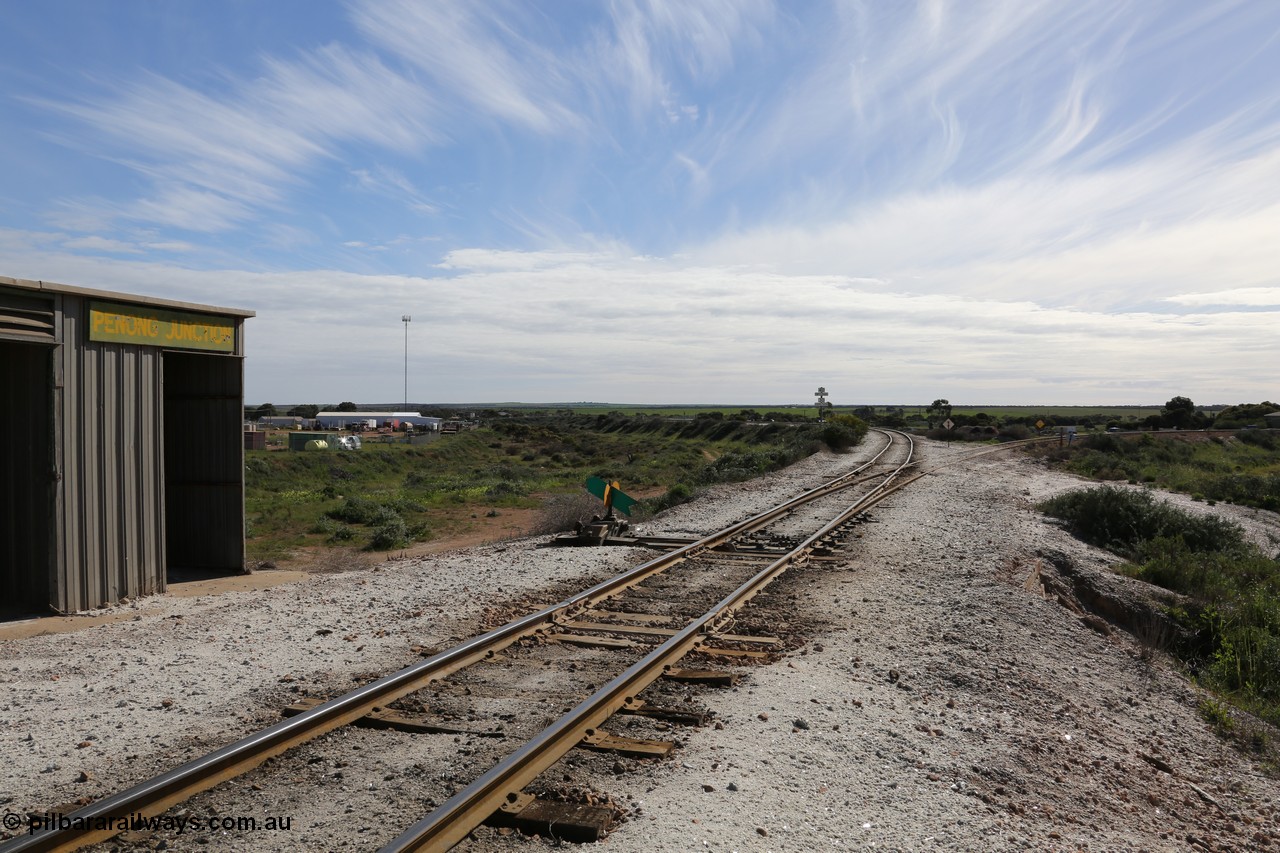 130708 0707
Penong Junction, location opened in February 1966, located at the 429.7 km, looking north, line curving to the left is the Kevin - Penong line, while the Port Lincoln line curves to the right.
