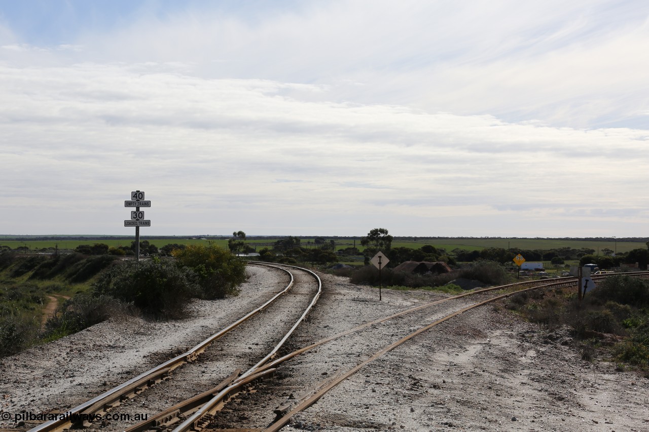 130708 0708
Penong Junction, location opened in February 1966, located at the 429.7 km, looking north, line curving to the left is the Kevin - Penong line, while the Port Lincoln line curves to the right.
