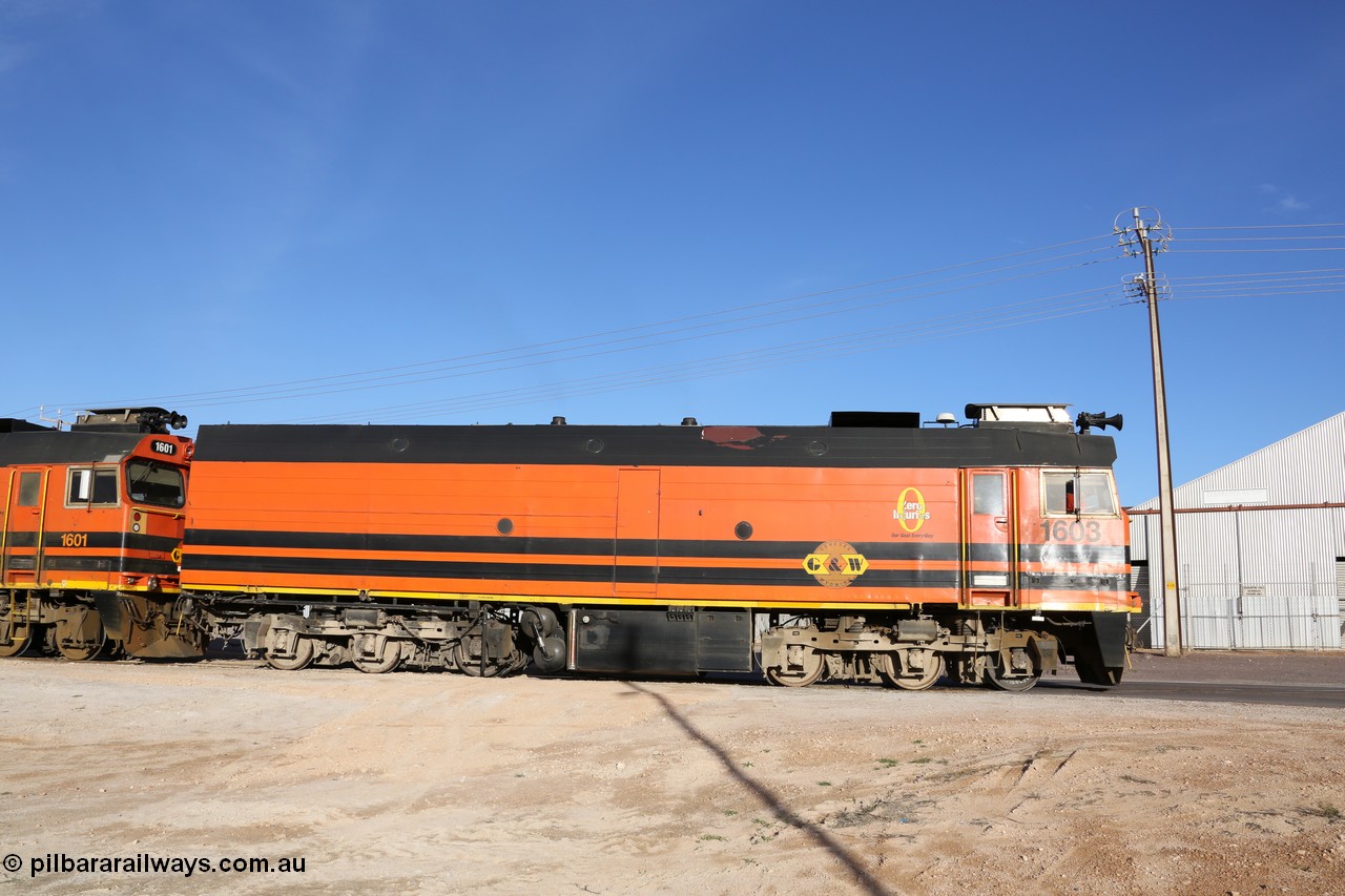 130708 0880
Thevenard, loaded train running through the back of the yard and crossing [url=https://goo.gl/maps/dgQdX]Bergmann Drive grade crossing, 434.2 km[/url].
