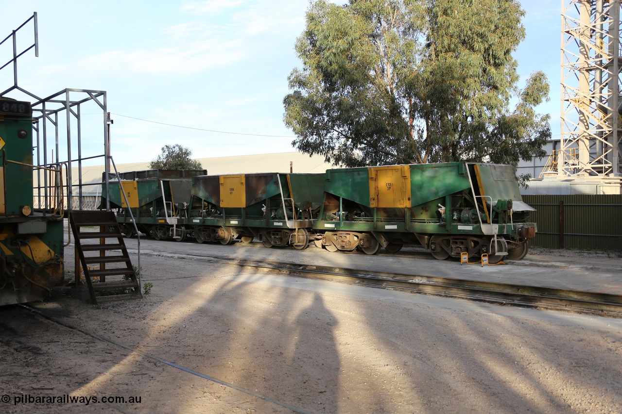 130708 0987
Thevenard [url=https://goo.gl/maps/5vRky]workshop environs[/url] finds two Kinki Sharyo built NH type ore waggons bookending an Kinki Sharyo built NHA type ore waggon NHA 992, all for the NAR now on the Eyre Peninsula system and now coded ENH and ENHA types, ENH 40 with hungry boards and ENHA 4 and ENH 3 both without still wearing the former owner livery of Australian National.
Keywords: ENH-type;ENH40;ENH3;ENHA-type;ENHA4;Kinki-Sharyo-Japan;NH-type;NHA-type;NHA992;