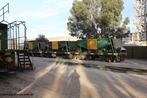 130708 0987
Thevenard [url=https://goo.gl/maps/5vRky]workshop environs[/url] finds two Kinki Sharyo built NH type ore waggons bookending an Kinki Sharyo built NHA type ore waggon NHA 992, all for the NAR now on the Eyre Peninsula system and now coded ENH and ENHA types, ENH 40 with hungry boards and ENHA 4 and ENH 3 both without still wearing the former owner livery of Australian National.
Keywords: ENH-type;ENH40;ENH3;ENHA-type;ENHA4;Kinki-Sharyo-Japan;NH-type;NHA-type;NHA992;