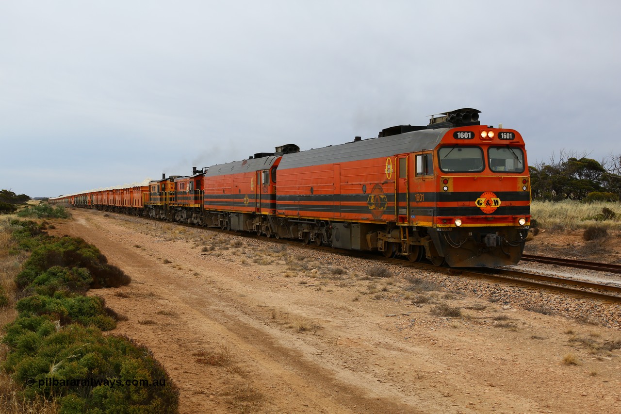 161109 1894
Moule, train 4DD4 rumbles along the mainline behind Genesee & Wyoming locomotives Clyde Engineering EMD model JL22C units 1601 serial 71-728 and 1603 serial 71-730 and a pair of AE Goodwin ALCo model DE531 units 859 serial 84705 and 850 serial 84136 with 62 loaded waggons. 1601 was originally built as the class leader of the NJ class NJ 1 and name 'Ben Chifley' and after starting life on the Central Australia line was transferred to the Eyre Peninsula in 1981.
Keywords: 1600-class;1601;Clyde-Engineering-Granville-NSW;EMD;JL22C;71-728;NJ-class;NJ1;