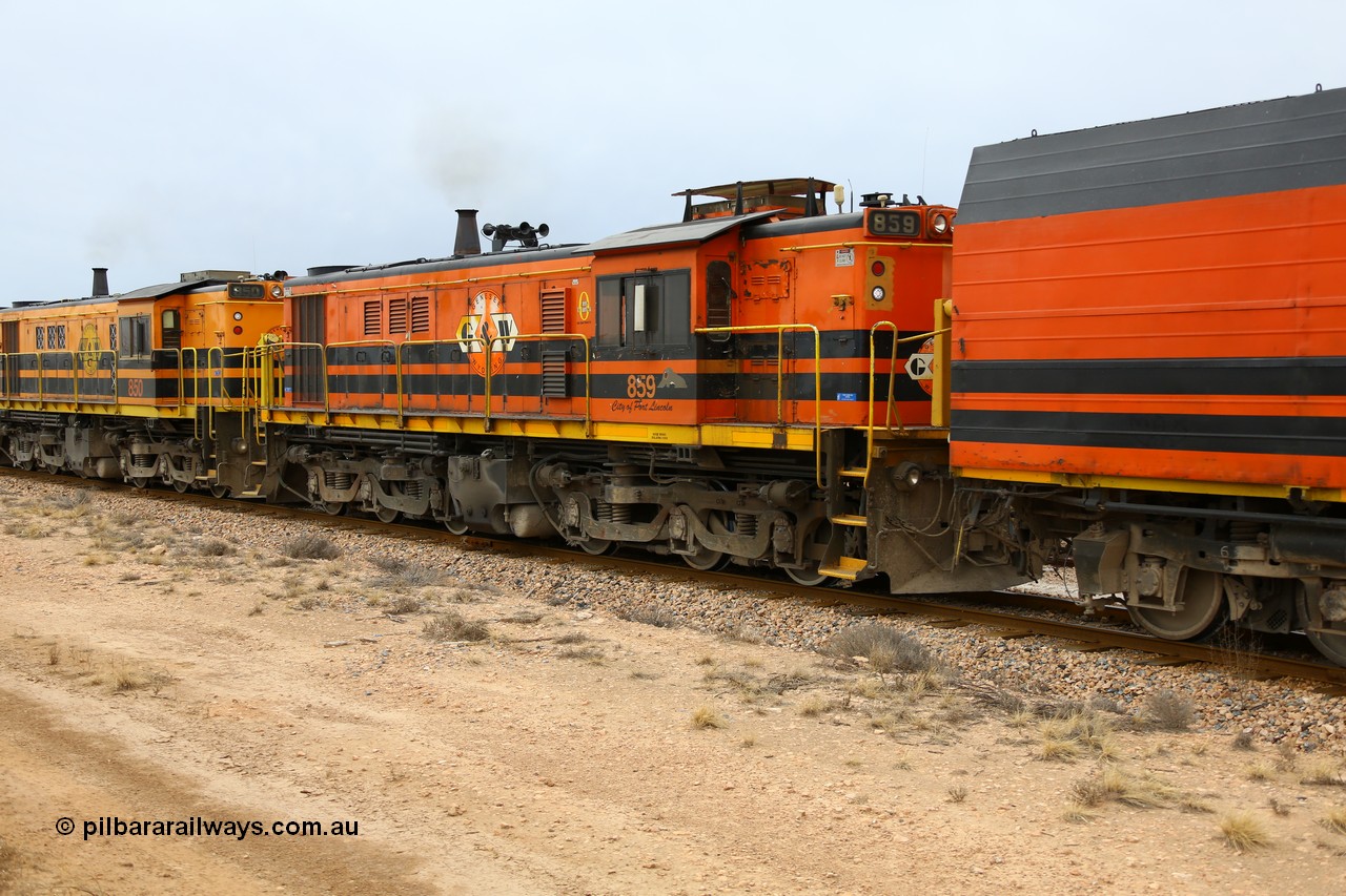 161109 1896
Moule, train 4DD4 rumbles along the mainline with third unit Genesee & Wyoming locomotive AE Goodwin ALCo model DL531 unit 859 'City of Port Lincoln' serial 84705, built in 1963, 859 started life at Peterborough, spent some years in Tasmania and even spent time in Perth on standard gauge before being transferred to the Eyre Peninsula system in 2003.
Keywords: 830-class;859;AE-Goodwin;ALCo;DL531;84705;