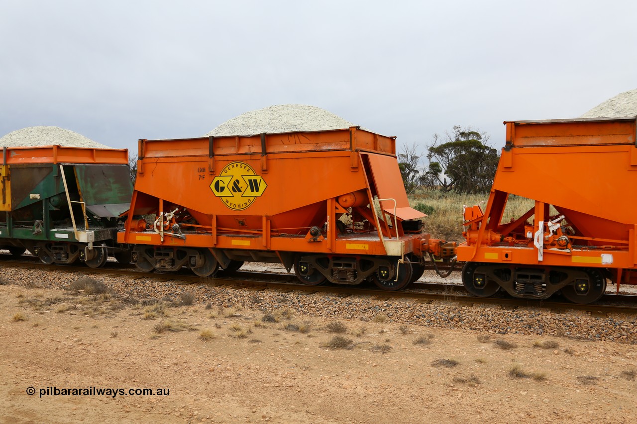 161109 1915
Moule, originally built by Kinki Sharyo as the NH type for the NAR in 1968, sent to Port Lincoln in 1978, then rebuilt and recoded ENH type in 1984, ENH 7, recently refurbished and wearing current owner Genesee & Wyoming orange and decal with matching hungry boards loaded with gypsum.
Keywords: ENH-type;ENH7;Kinki-Sharyo-Japan;NH-type;NH907;