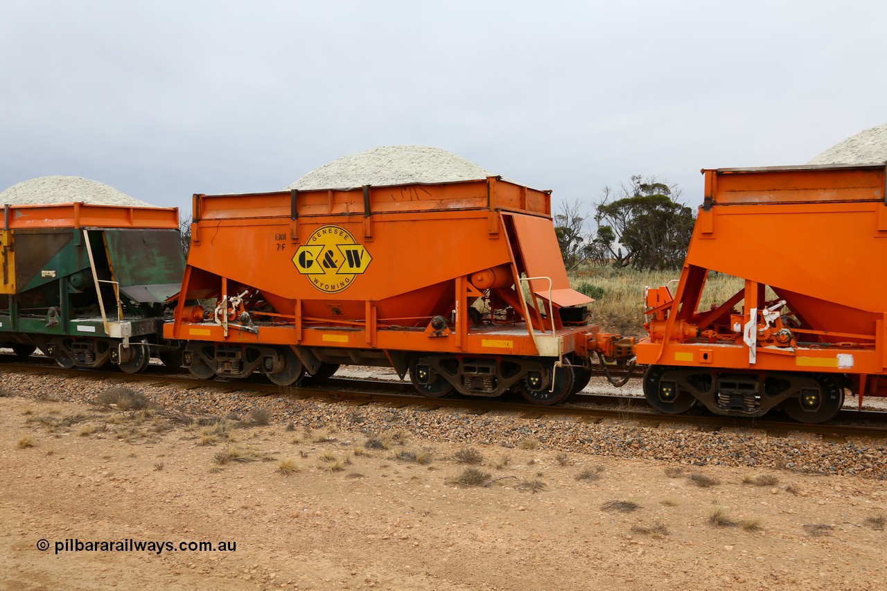 161109 1915
Moule, originally built by Kinki Sharyo as the NH type for the NAR in 1968, sent to Port Lincoln in 1978, then rebuilt and recoded ENH type in 1984, ENH 7, recently refurbished and wearing current owner Genesee & Wyoming orange and decal with matching hungry boards loaded with gypsum.
Keywords: ENH-type;ENH7;Kinki-Sharyo-Japan;NH-type;