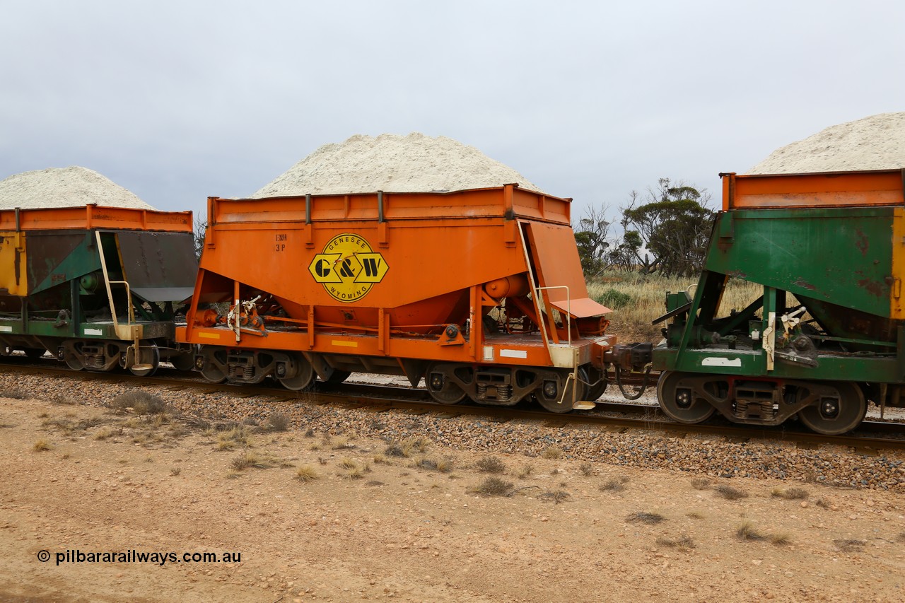 161109 1923
Moule, originally built by Kinki Sharyo as the NH type for the NAR in 1968, sent to Port Lincoln in 1978, then rebuilt and recoded ENH type in 1984, ENH 3, recently refurbished and wearing current owner Genesee & Wyoming orange and decal with matching hungry boards loaded with gypsum.
Keywords: ENH-type;ENH3;Kinki-Sharyo-Japan;NH-type;