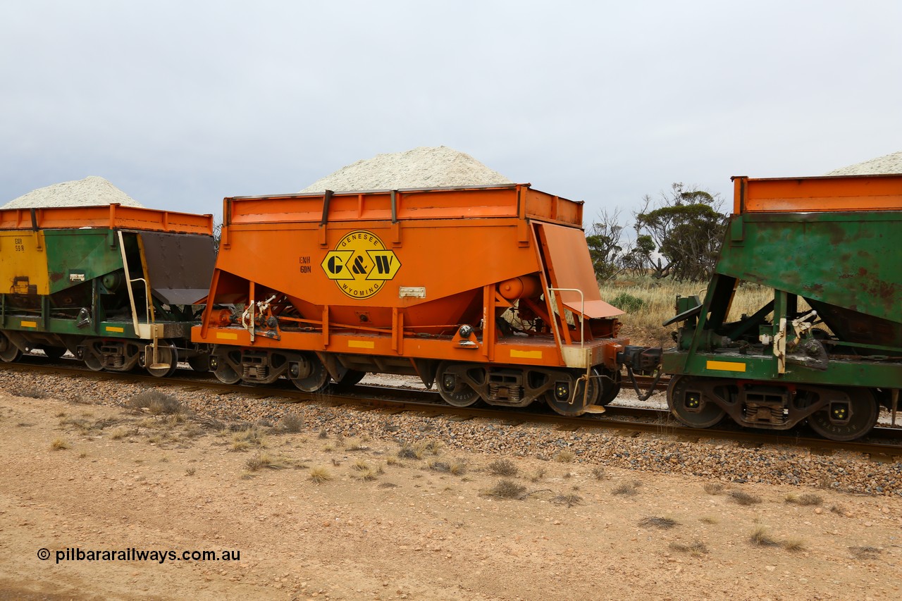 161109 1935
Moule, originally built by Kinki Sharyo as the NH type for the NAR in 1968, sent to Port Lincoln in 1978, then rebuilt and recoded ENH type in 1984, ENH 60, refurbished and wearing current owner Genesee & Wyoming orange and decal with matching hungry boards loaded with gypsum.
Keywords: ENH-type;ENH60;Kinki-Sharyo-Japan;NH-type;