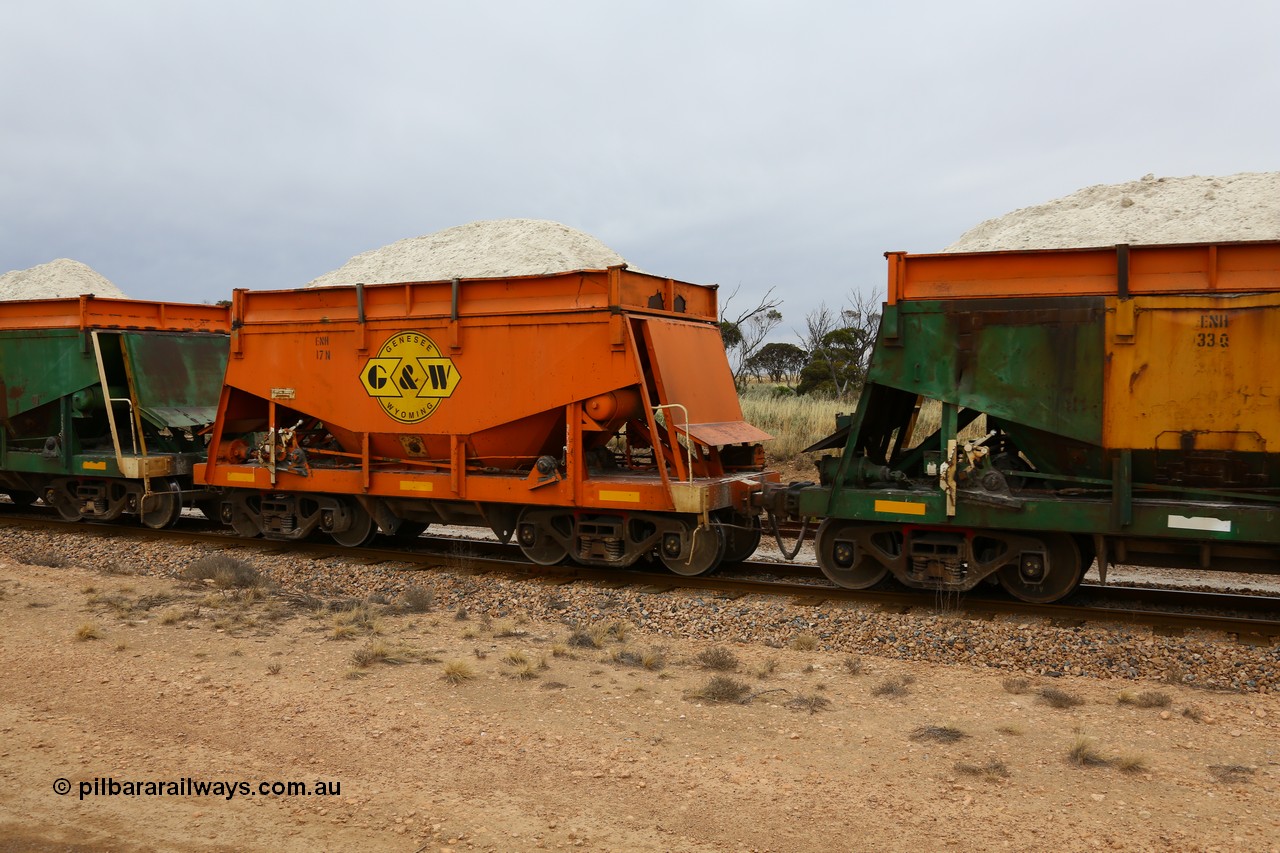 161109 1956
Moule, originally built by Kinki Sharyo as the NH type for the NAR in 1968, sent to Port Lincoln in 1978, then rebuilt and recoded ENH type in 1984, ENH 17, refurbished and wearing current owner Genesee & Wyoming orange and decal with matching hungry boards loaded with gypsum.
Keywords: ENH-type;ENH17;Kinki-Sharyo-Japan;NH-type;