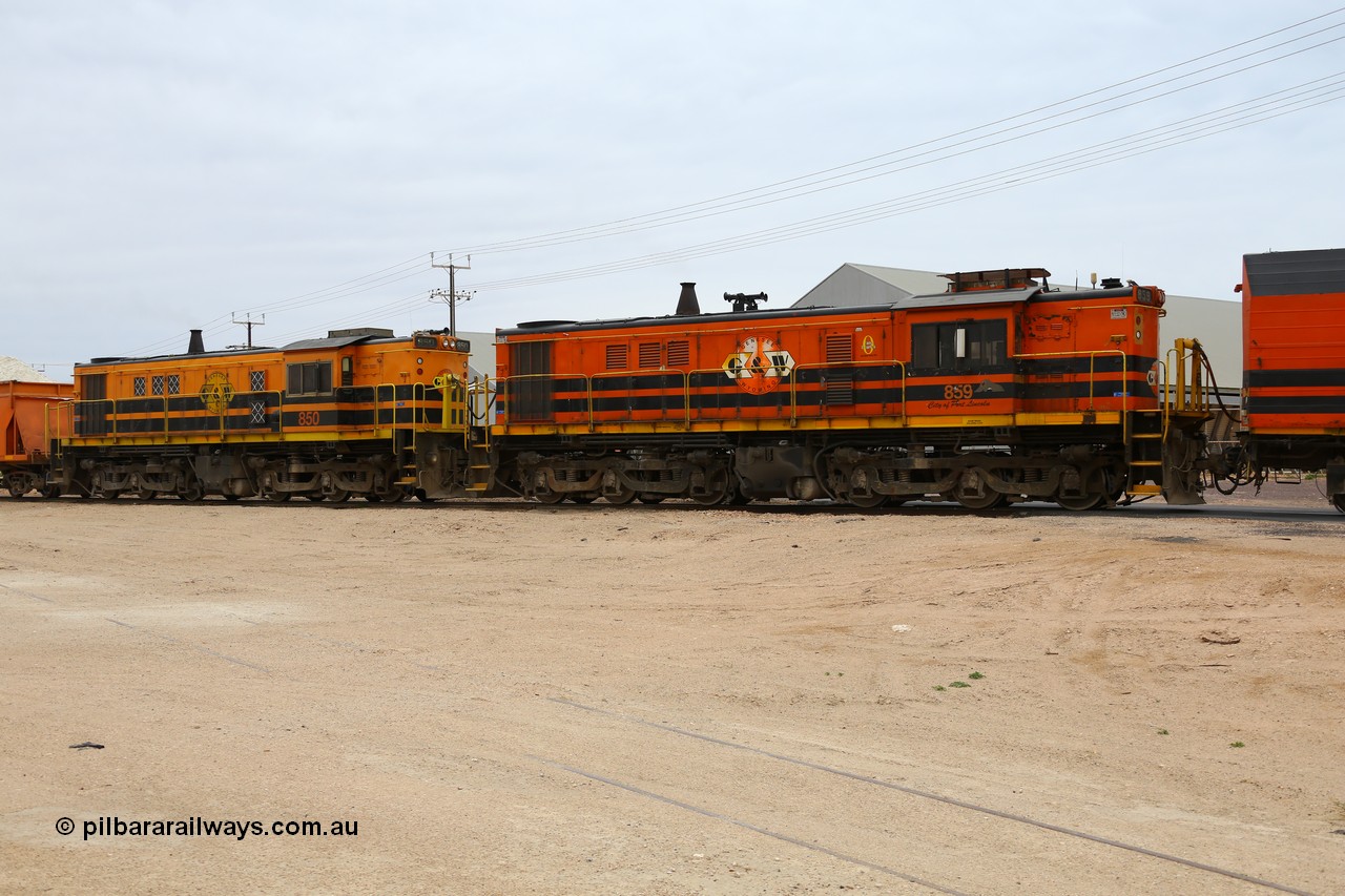 161109 1973
Thevenard, train 4DD4 rumbles across Bergmann Drive as third and forth units Genesee & Wyoming locomotive AE Goodwin ALCo model DL531 units 859 'City of Port Lincoln' serial 84705, built in 1963, 859 started life at Peterborough, spent some years in Tasmania and even spent time in Perth on standard gauge before being transferred to the Eyre Peninsula system in 2003 and 850 serial 84136, built in 1962, 850 has been based on the Eyre Peninsula system all its operating life.
Keywords: 830-class;859;850;AE-Goodwin;ALCo;DL531;84705;84136;