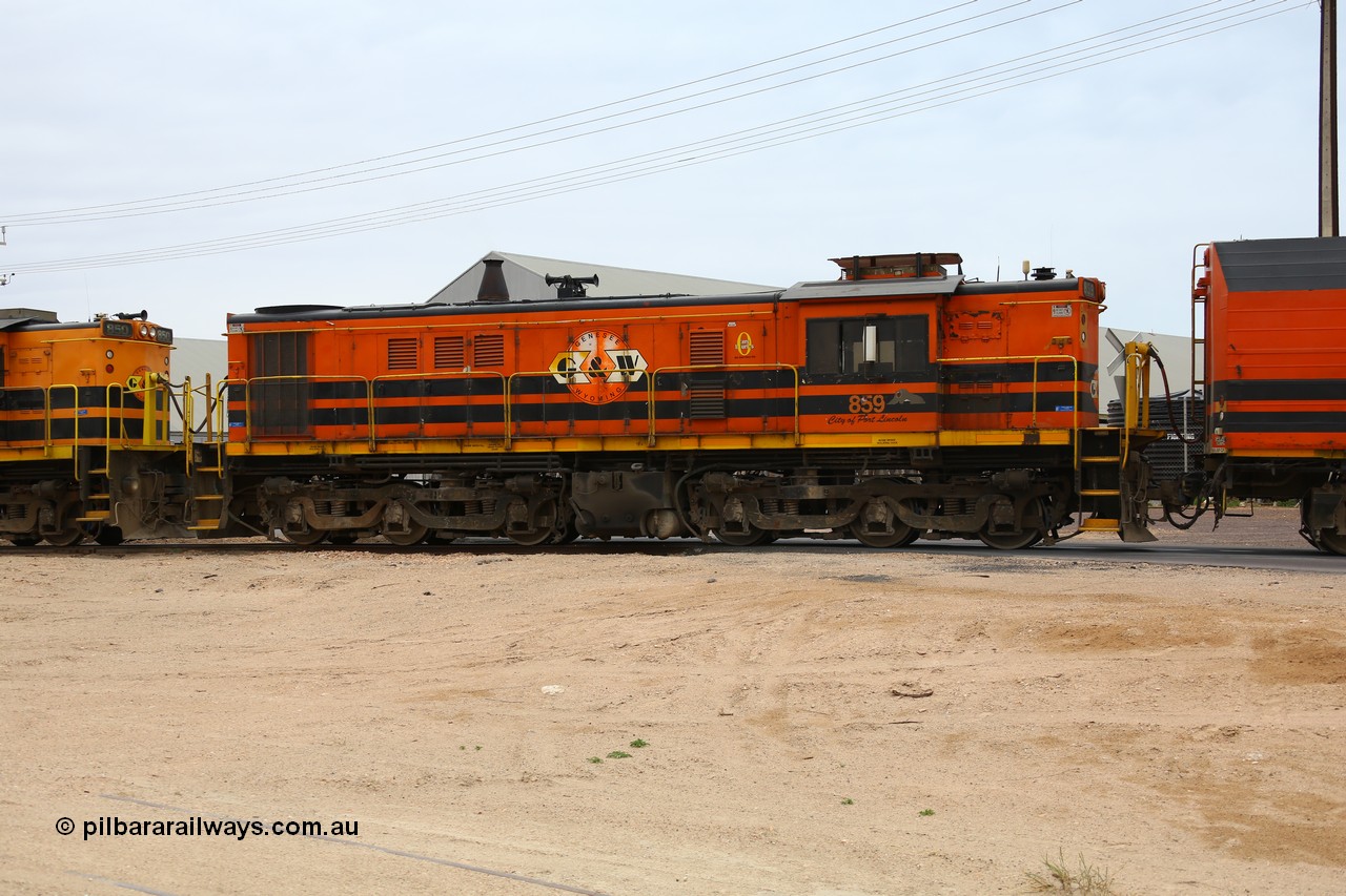 161109 1974
Thevenard, train 4DD4 rumbles across Bergmann Drive as third unit Genesee & Wyoming locomotive AE Goodwin ALCo model DL531 unit 859 'City of Port Lincoln' serial 84705, built in 1963, 859 started life at Peterborough, spent some years in Tasmania and even spent time in Perth on standard gauge before being transferred to the Eyre Peninsula system in 2003.
Keywords: 830-class;859;AE-Goodwin;ALCo;DL531;84705;