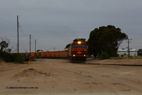 161109 1967
Thevenard, train 4DD4 enters the yard behind Genesee & Wyoming locomotives Clyde Engineering EMD model JL22C unit 1601 serial 71-728 and 1603 serial 71-730 as they negotiate the yard to the GRA siding balloon for unloading.
Keywords: 1600-class;1601;Clyde-Engineering-Granville-NSW;EMD;JL22C;71-728;NJ-class;NJ1;