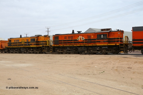 161109 1973
Thevenard, train 4DD4 rumbles across Bergmann Drive as third and forth units Genesee & Wyoming locomotive AE Goodwin ALCo model DL531 units 859 'City of Port Lincoln' serial 84705, built in 1963, 859 started life at Peterborough, spent some years in Tasmania and even spent time in Perth on standard gauge before being transferred to the Eyre Peninsula system in 2003 and 850 serial 84136, built in 1962, 850 has been based on the Eyre Peninsula system all its operating life.
Keywords: 830-class;859;850;AE-Goodwin;ALCo;DL531;84705;84136;