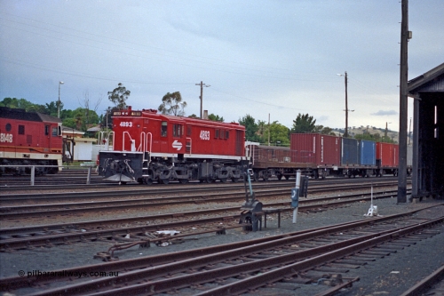 100-05
Albury yard view, NSWSRA standard gauge 48 class 4893 AE Goodwin ALCo model DL531 serial G3420-8, red terror livery, shunters float, 2 lever ground frame, point rodding, loco shed at right.
Keywords: 48-class;4893;AE-Goodwin;ALCo;DL531;G3420-8;