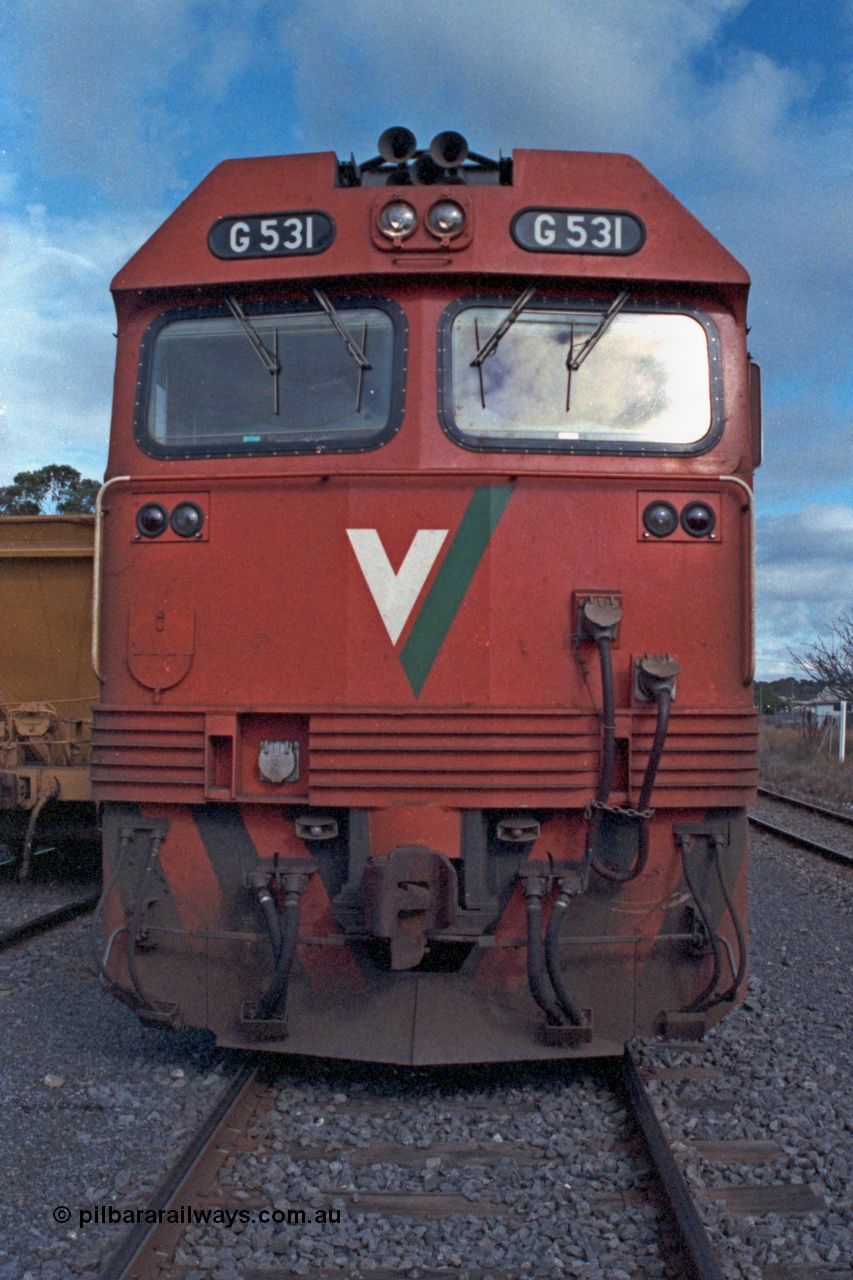 101-09
Maryborough, broad gauge V/Line G class G 531 Clyde Engineering EMD model JT26C-2SS serial 88-1261 cab front view.
Keywords: G-class;G531;Clyde-Engineering-Somerton-Victoria;EMD;JT26C-2SS;88-1261;