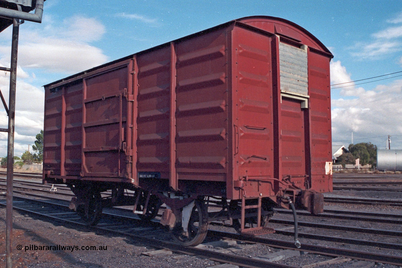 101-22
Donald loco depot, B class four wheel louvre van, Victorian Railways built a total of 380 of these and were built between 1958 and 1961 mostly by Bendigo Workshops from scrapped waggon underframes of I and IA types.
Keywords: B-van;Victorian-Railways-Bendigo-WS;