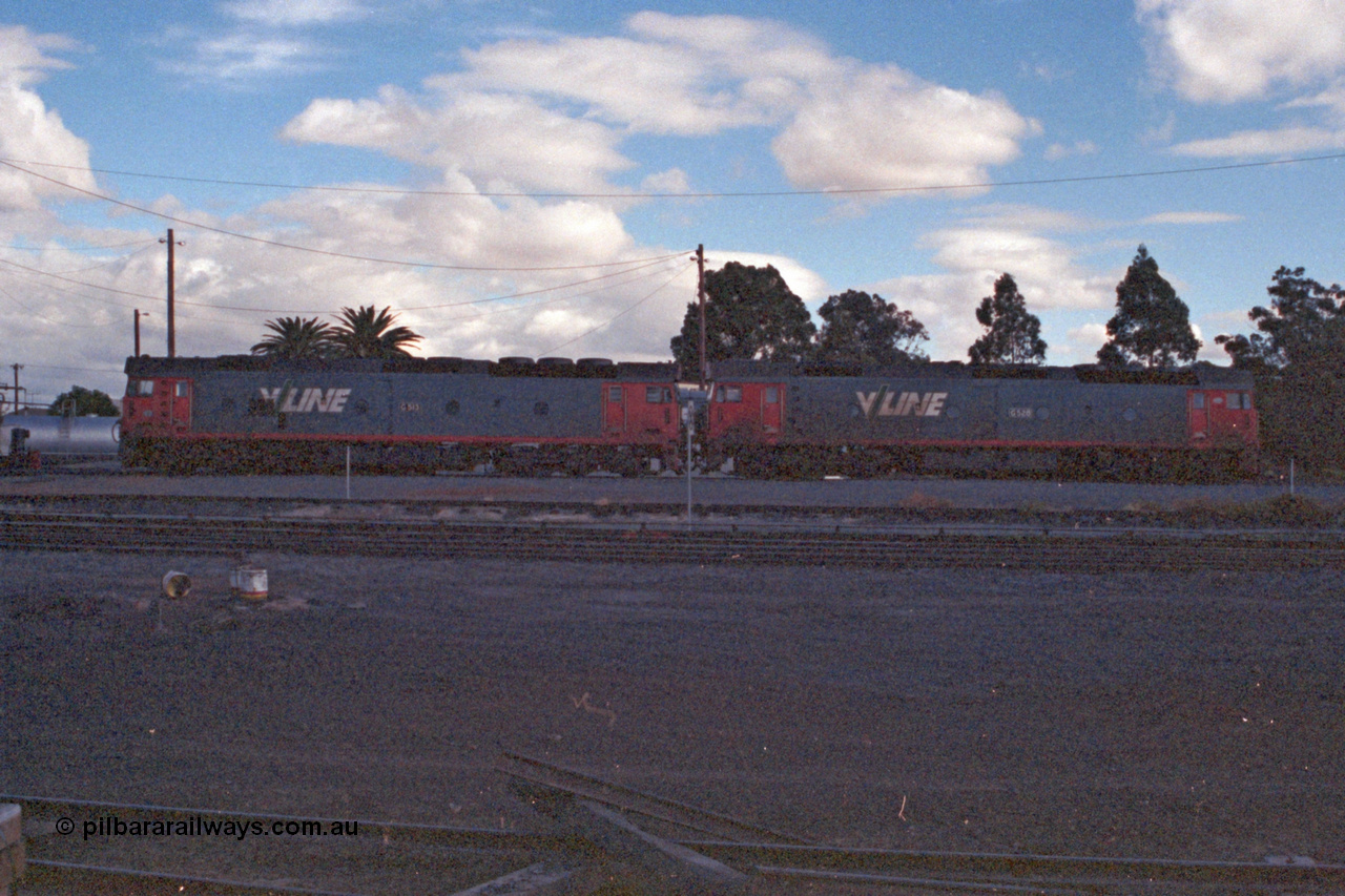 101-23
Donald loco depot, broad gauge V/Line G classes G 513 Clyde Engineering EMD model JT26C-2SS serial 85-1241 and G 528 serial 88-1258, side view.
Keywords: G-class;G513;Clyde-Engineering-Rosewater-SA;EMD;JT26C-2SS;85-1241;G528;88-1258;