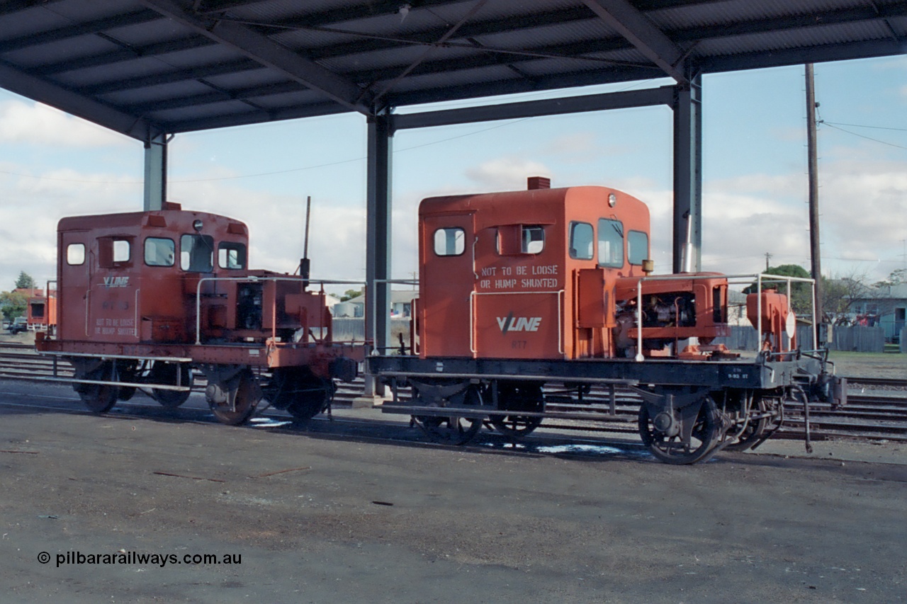 101-27
Donald, V/Line Freightgate, rail tractors RT class RT 53 and RT 7, RT 7 originally built new by the Victorian Railways at Newport Workshops in October 1957 and issued to Terang. RT 53 was converted from a I class waggon by Ballarat North Workshops in October 1975.
Keywords: RT-class;RT53;RT7;rail-tractor;Victorian-Railways-Newport-WS;Victorian-Railways-Ballarat-Nth-WS;