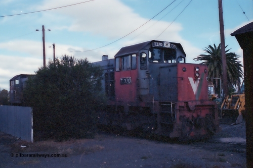 101-25
Donald loco depot, broad gauge V/Line T class T 370 Clyde Engineering EMD model G8B serial 64-325.
Keywords: T-class;T370;Clyde-Engineering-Granville-NSW;EMD;G8B;64-325;