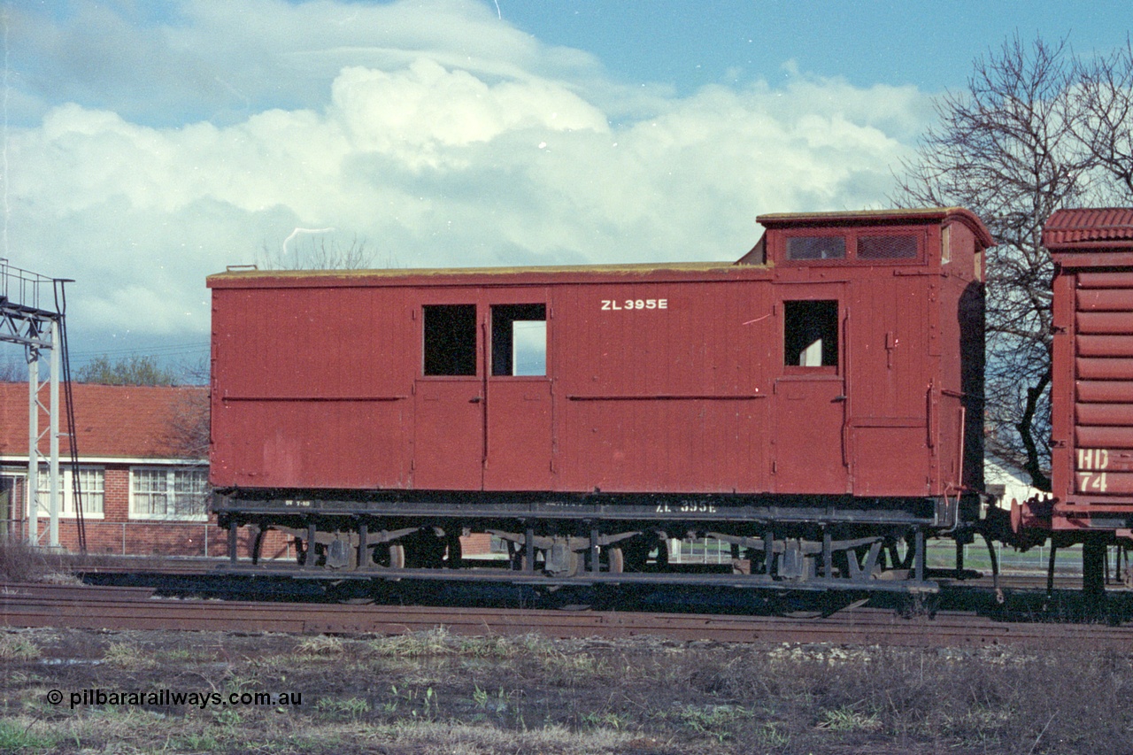 103-18
Benalla Workshops, broad gauge ZL type six wheel guards van ZL 395, originally built as a Z type guards van by Gulliver & Party Newport in November 1913, recoded to ZL in 1964. It also received a replacement underframe in 1971 from ZL 280.
Keywords: ZL-van;ZL395;Gulliver-and-Party;Z-van;Z395;fixed-wheel-waggon;