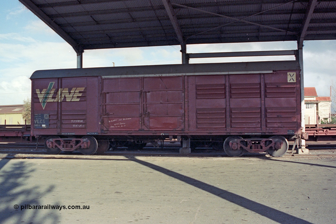 103-25
Benalla, broad gauge V/Line VLCX type bogie louvre van VLCX 148 built by Victorian Railways Bendigo Workshops as a VLX type louvre van in June 1965, recoded in 1979 to VLCX, Freightgate shed.
Keywords: VLCX-type;VLCX148;Victorian-Railways-Bendigo-WS;VLX-type;