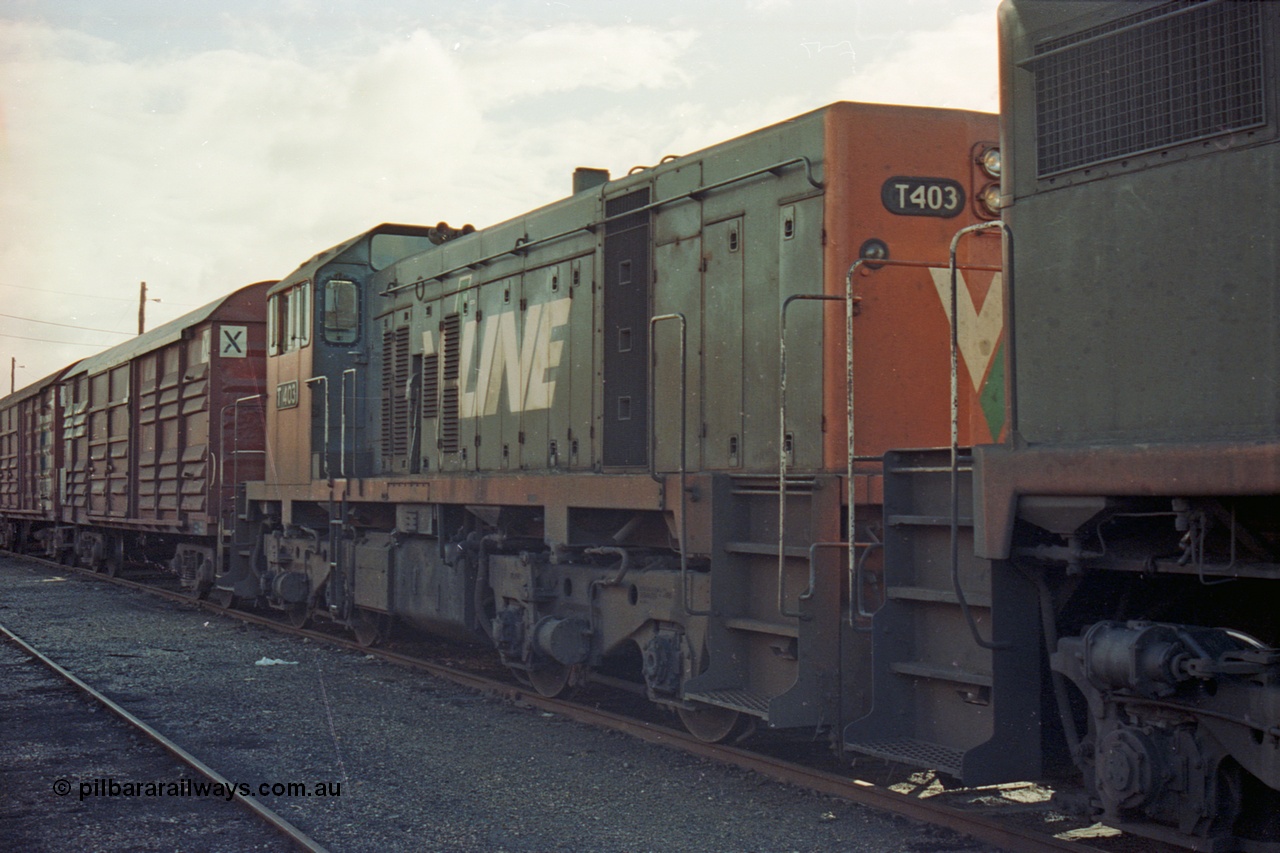 103-30
Benalla station yard, broad gauge V/Line T class loco T 403 with serial 67-498 a Clyde Engineering Granville NSW built EMD model G18B, LHS view from rear.
Keywords: T-class;T403;Clyde-Engineering-Granville-NSW;EMD;G18B;67-498;