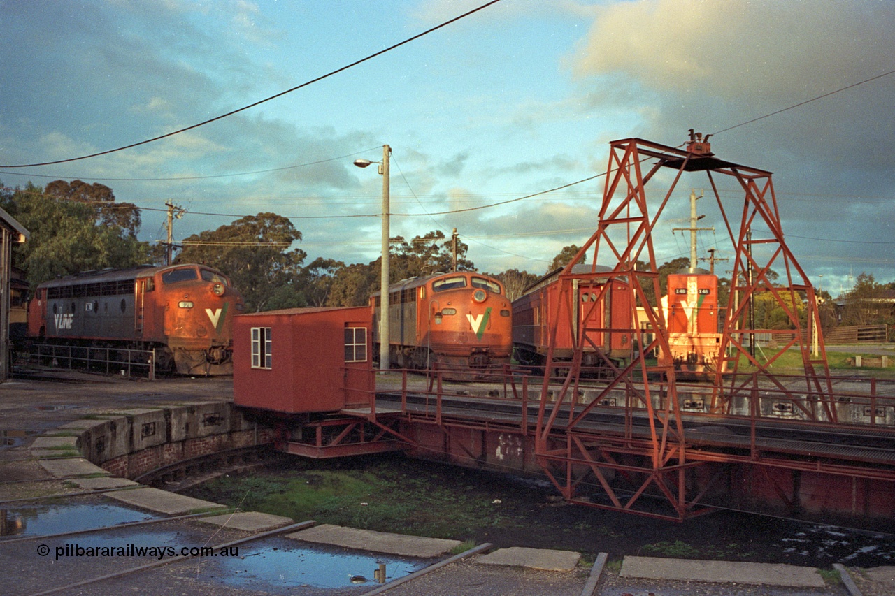 103-36
Seymour loco depot turntable, turntable and pit, V/Line broad gauge B class locos B 76 Clyde Engineering EMD model ML2 serial ML2-17 and B 74 serial ML2-15 and X class X 48 Clyde Engineering EMD model G26C serial 75-795.
Keywords: B-class;B76;Clyde-Engineering-Granville-NSW;EMD;ML2;ML2-17;bulldog;