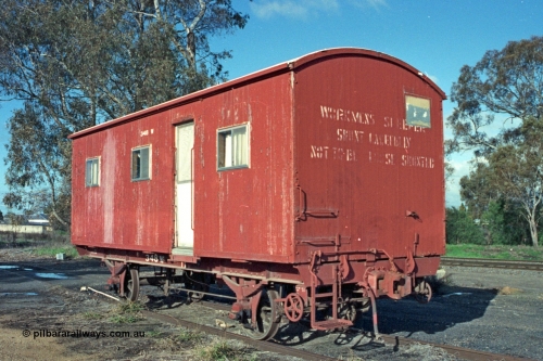 103-22
Benalla, broad gauge W type four wheel workman's sleeper waggon W 348, built new by the Victorian Railways in June 1936.
Keywords: W-type;W348;fixed-wheel-waggon;